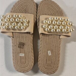 Pearl-Embellished Beige Slide Sandals for Women